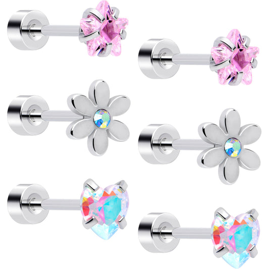 20G Pink Aurora Gem Star Heart Flower Flatback Earring Set of 6 - - EARRING Flat Back