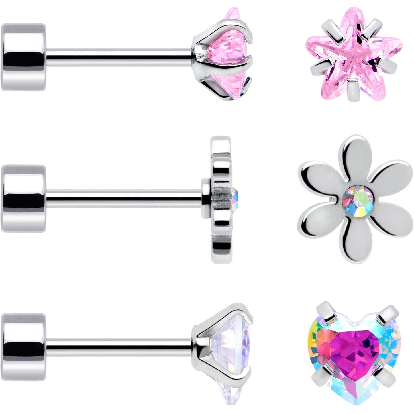 20G Pink Aurora Gem Star Heart Flower Flatback Earring Set of 6 - - EARRING Flat Back