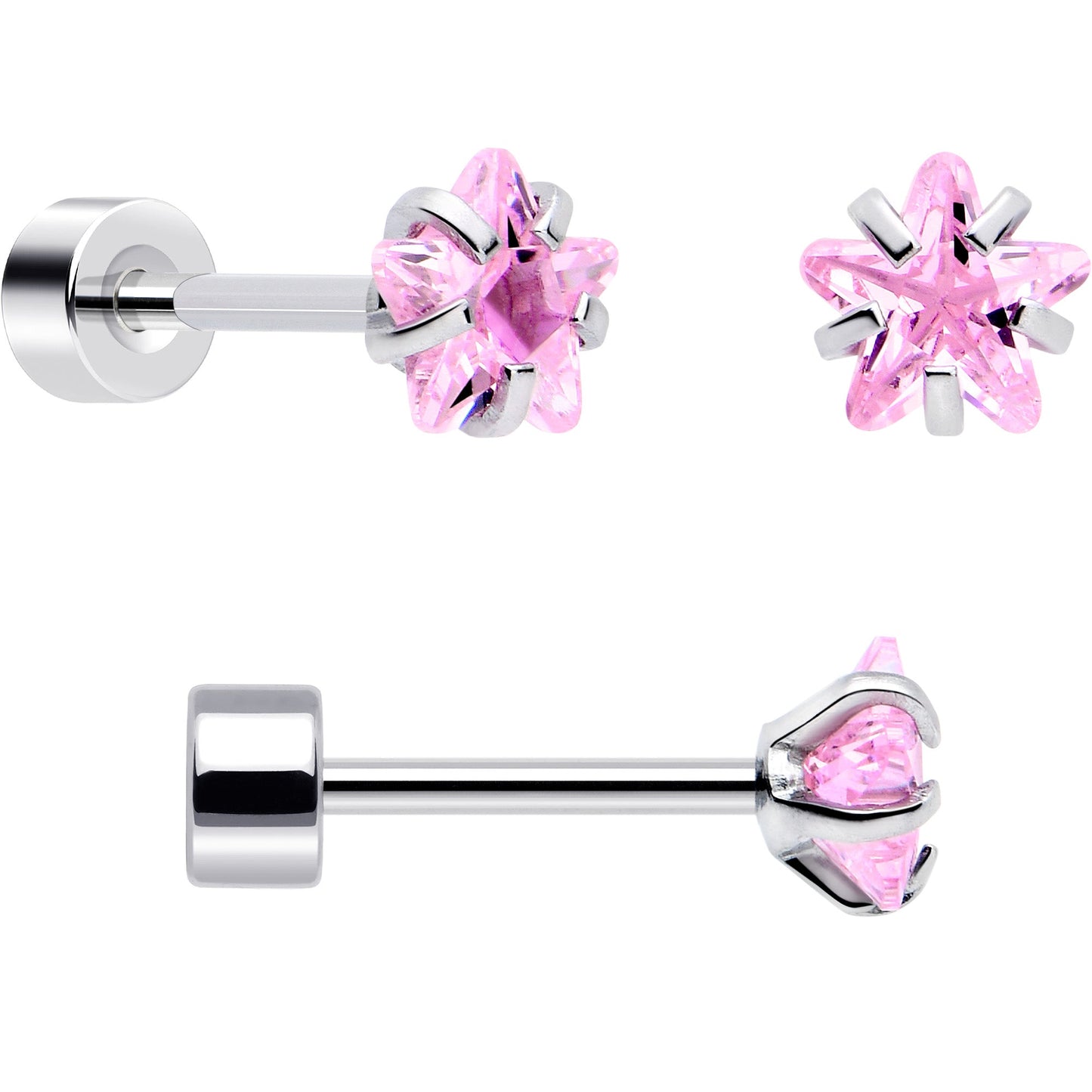 20G Pink Aurora Gem Star Heart Flower Flatback Earring Set of 6 - - EARRING Flat Back