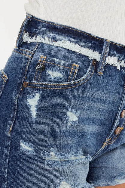 Kancan Distressed Button Fly Denim Shorts - -