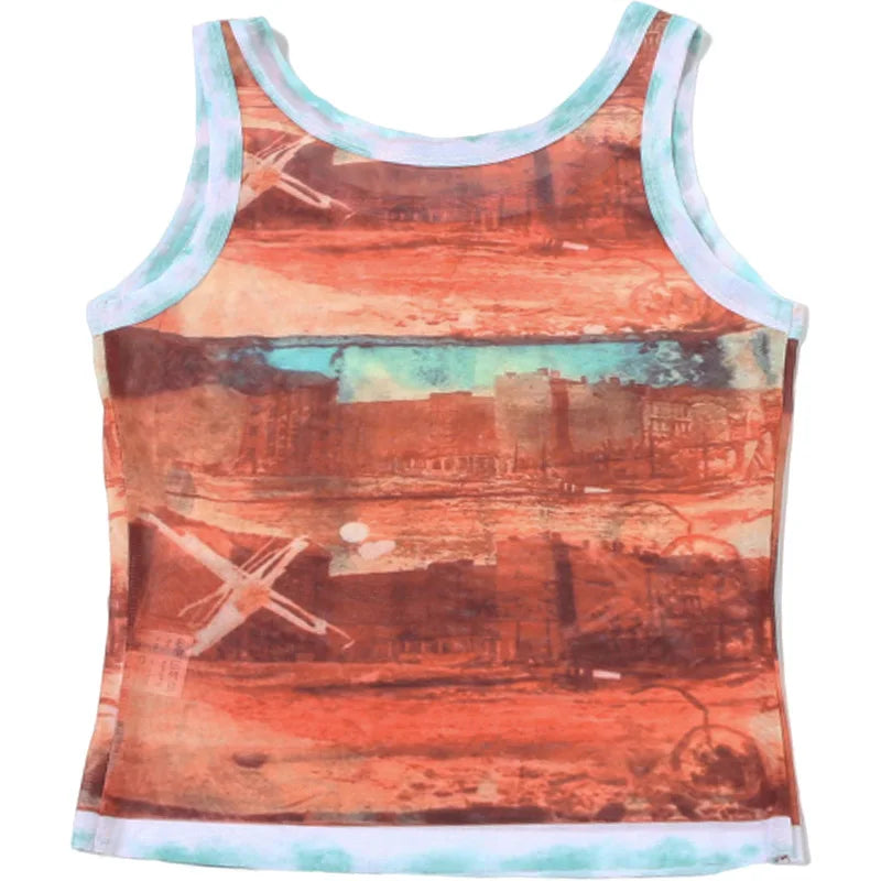 Round Neck Graphic Sleeveless Women's Short Sports Casual Tops