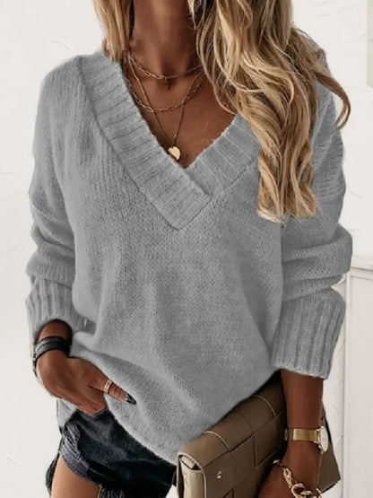 V-Neck Long Sleeve Knit Top - Cloudy Blue -