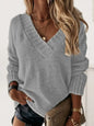 V-Neck Long Sleeve Knit Top - Cloudy Blue -