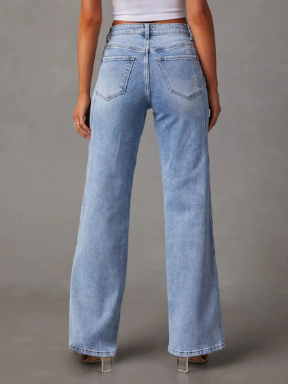 High Waist Straight Jeans with Pockets - -