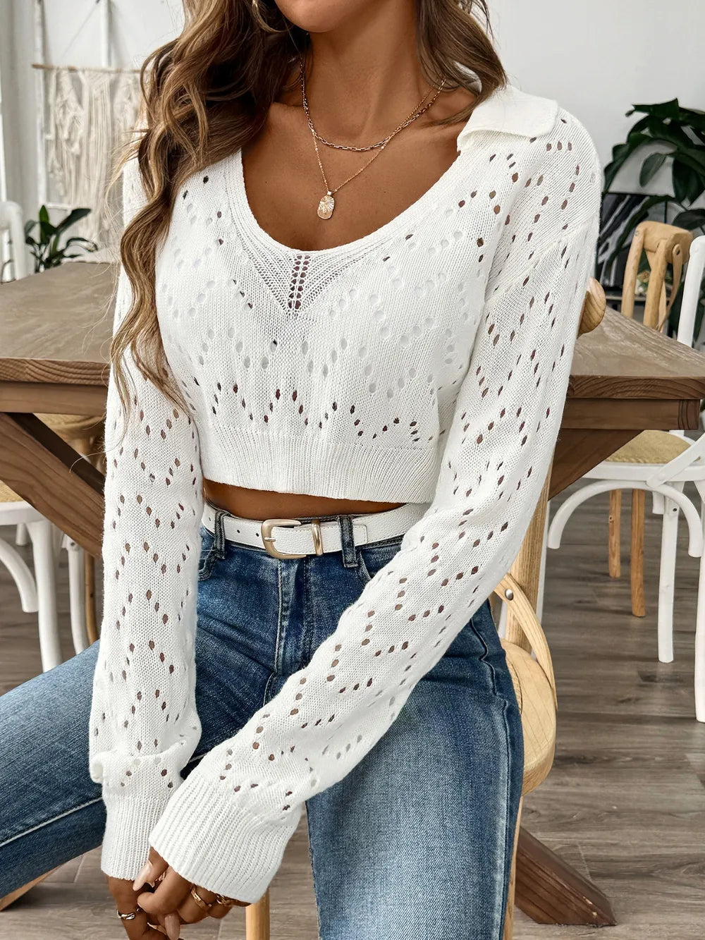 Openwork Collared Neck Long Sleeve Knit Top - -