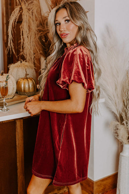 Cinnamon Velvet Smocked Neckline Puff Sleeve Shift Mini Dress - - Dresses/Mini Dresses