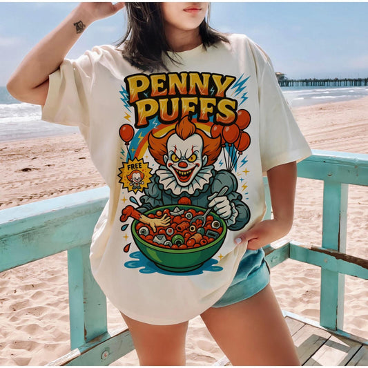 Spooky Horror Cereal Tee - Funny Halloween Killer Breakfast Shirt, Creepy Cereal Box Graphic - PENNY PUFFS - T-Shirt