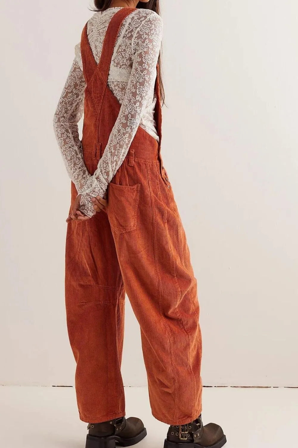 Corduroy Wide-Leg Overall with Adjustable Straps - -