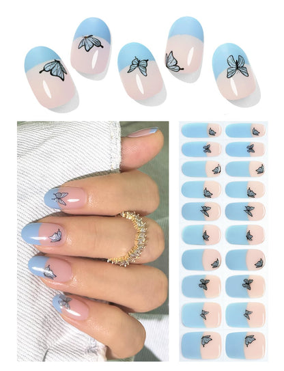 Wahrshei Semi Cured Gel Nail Strips 20pc French Butterfly Gel Nail Stickers UV Semi Cured Gel Nail Wraps - - nail polish