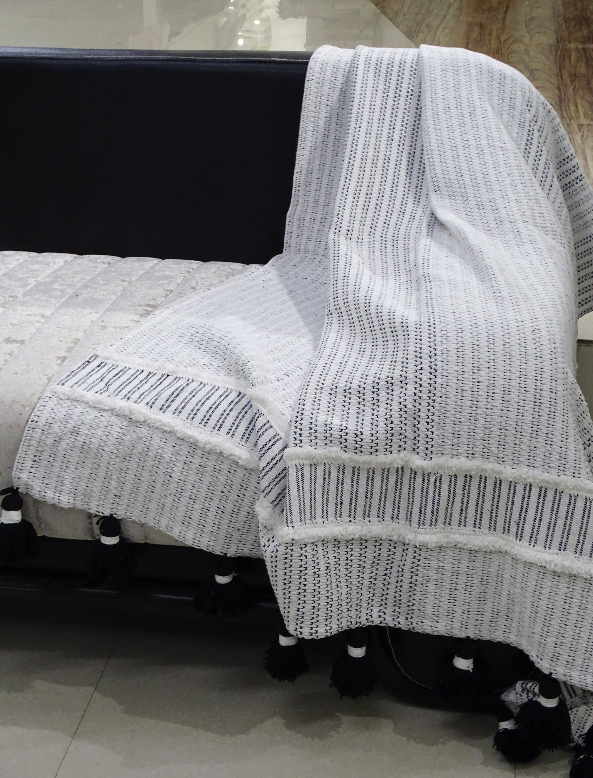 Hand loom Woven Textured Throw Black & Off White - - Home Furnishings
