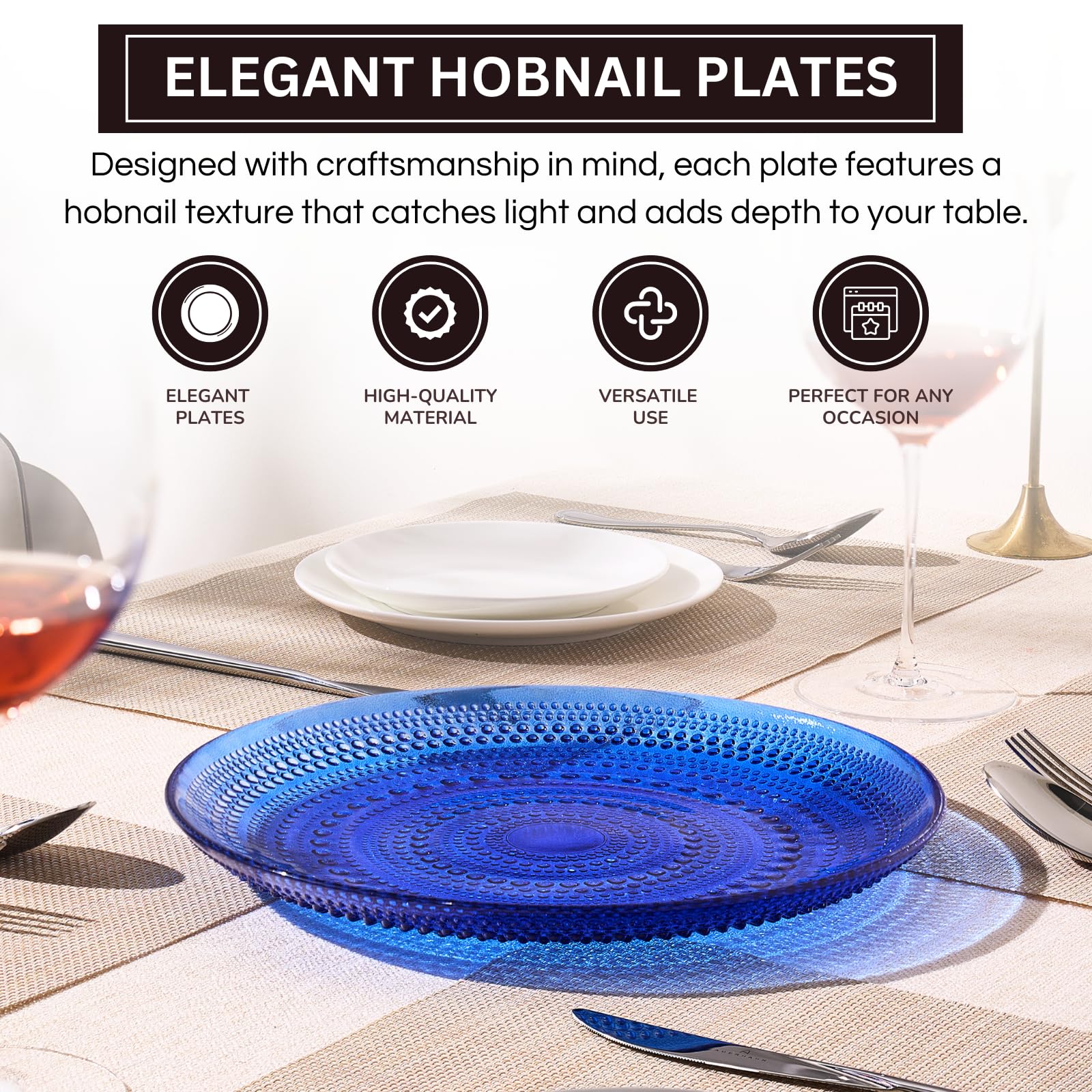 Glass Hobnail Dinner or Charger Plates | Set of 4 | Dark Blue - -