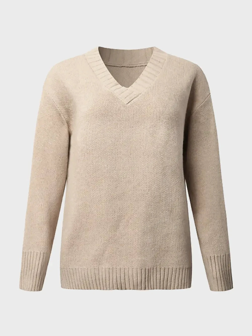 V-Neck Long Sleeve Knit Top - Tan -