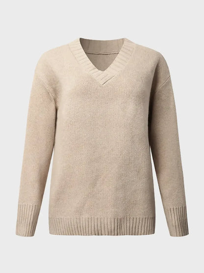 V-Neck Long Sleeve Knit Top - Tan -