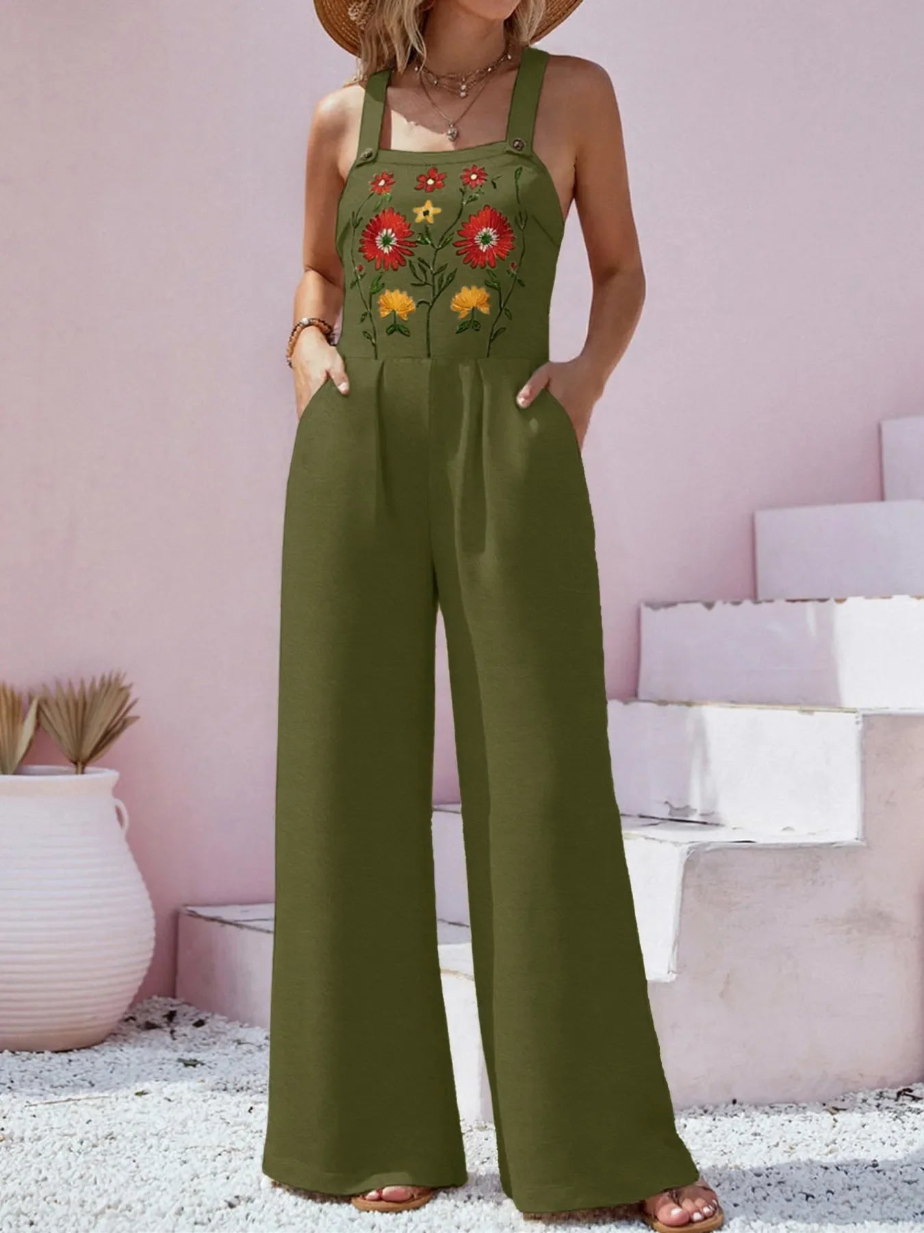 Floral Embroidered Wide Leg Jumpsuit - -