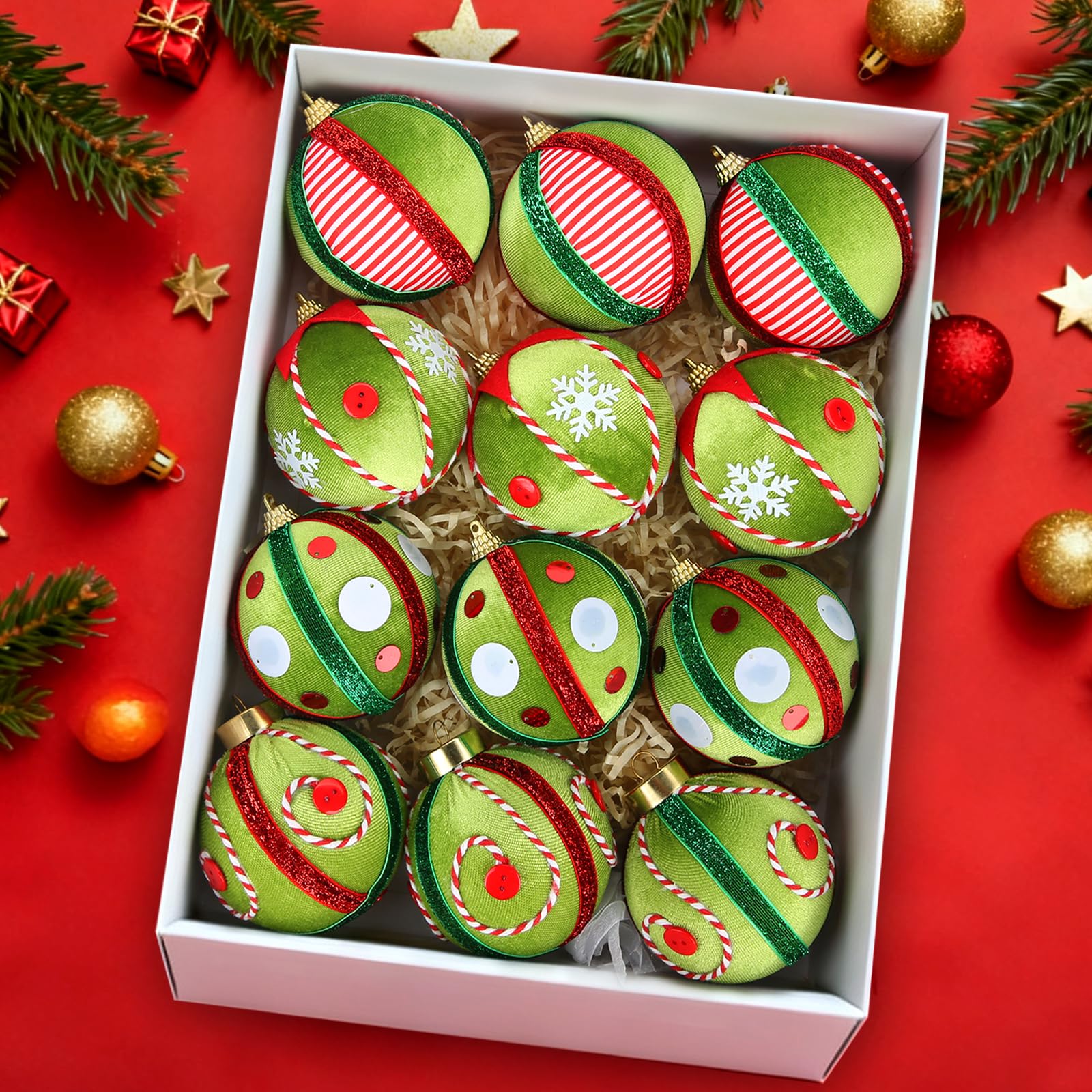 Green Red White 12 Pc Velvet Christmas Ornaments Set - - Ornaments