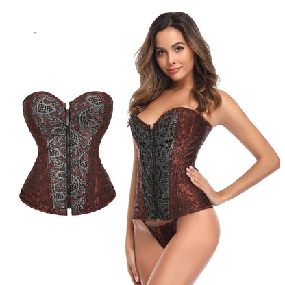 Classic Floral Printing Corset Brown 12 Steel Boned Faux Leather Brocade Corset