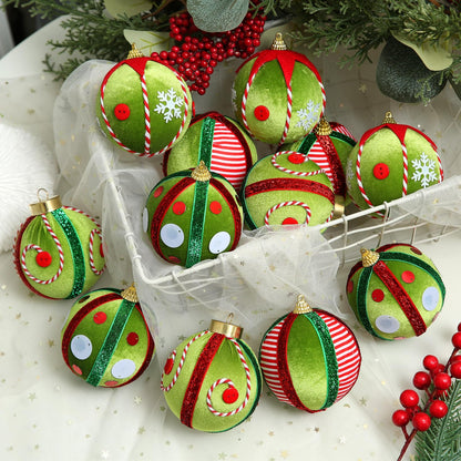 Green Red White 12 Pc Velvet Christmas Ornaments Set - - Ornaments