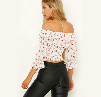 Off-Shoulder Pleated Short Sleeve Printed Top for Women - - Women's Fashion - Women's Clothing - Tops & Tees
