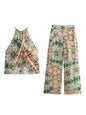 Retro Floral Halter Top with High-Waisted Wide-Leg Pants - Multicolor Pants - outfit set