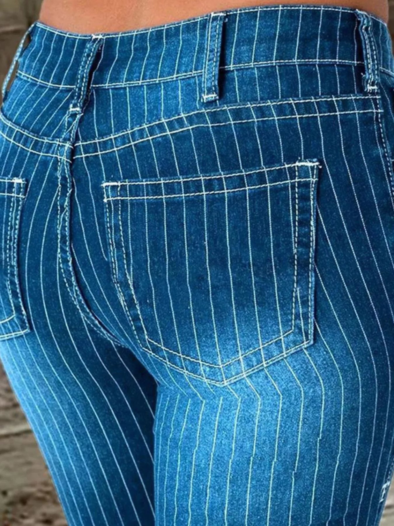 Striped Button Fly Flare Jeans - -