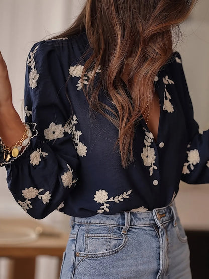 Flower Button Up Long Sleeve Shirt - -