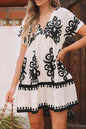 Printed V-Neck Short Sleeve Dress - Beige -