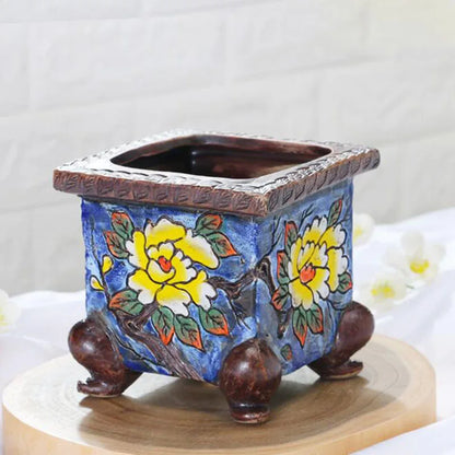 Korean-Style Hand-Painted Floral Ceramic Pot – Succulent & Bonsai Planter - - Planter