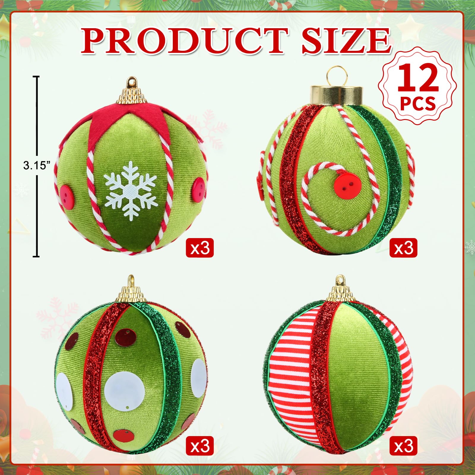 Green Red White 12 Pc Velvet Christmas Ornaments Set - - Ornaments