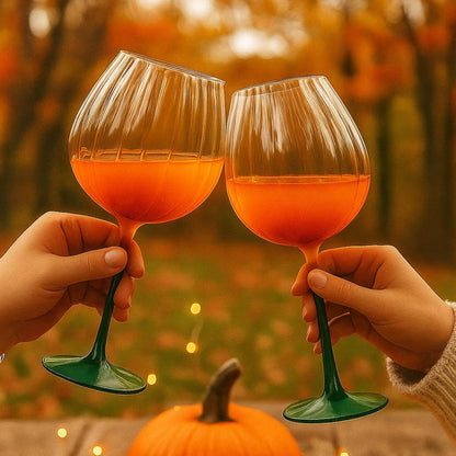 Khen Pumpkin Wine Glasses Fall Inspired Lightweight - Set of 2 Orange & Green - -