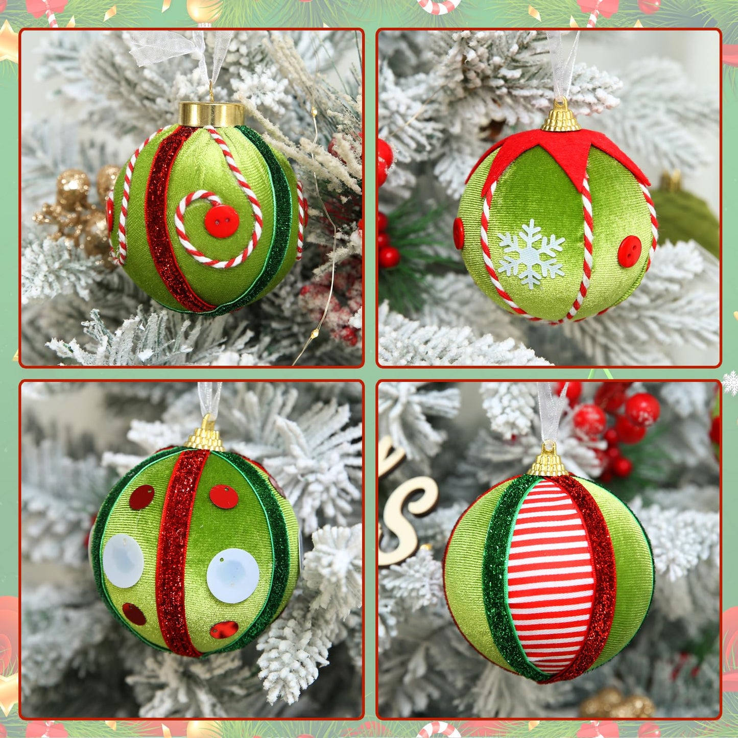 Green Red White 12 Pc Velvet Christmas Ornaments Set - - Ornaments