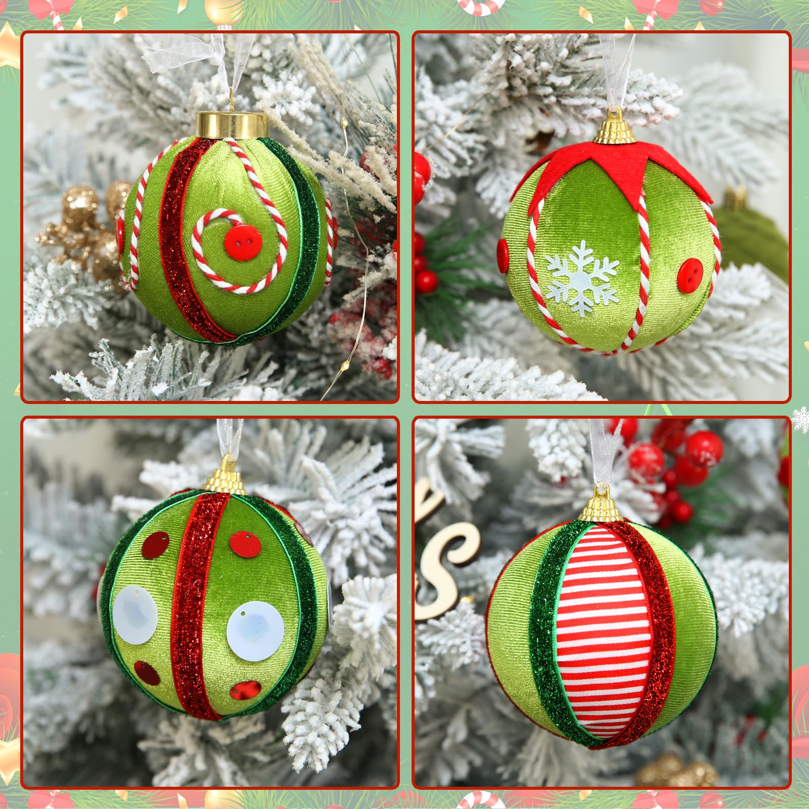 Green Red White 12 Pc Velvet Christmas Ornaments Set - - Ornaments