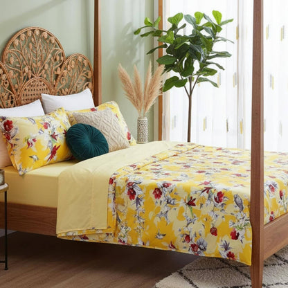 DaDa Bedding Sunshine Yellow Hummingbirds Floral Fitted & Flat Bed Sheets Set (JHW-925)- DaDalogy Bedding Collection- {{Product type}}