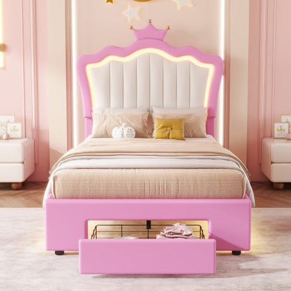 Twin Size Upholstered Bed Frame With LED Lights With Crown Headboard and Drawer - - bed frame