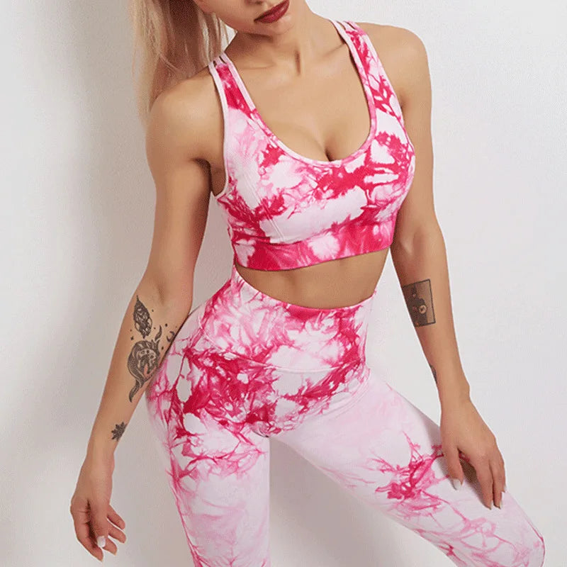 2 Piece Set Workout Clothing Seamless Tie Dye Exercise Running Fitness Set