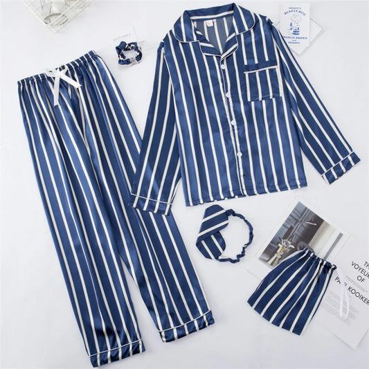 Fashion Stripe Printed 7 Pieces Set Women Silk Pajamas Long Sleeves Pajamas Set