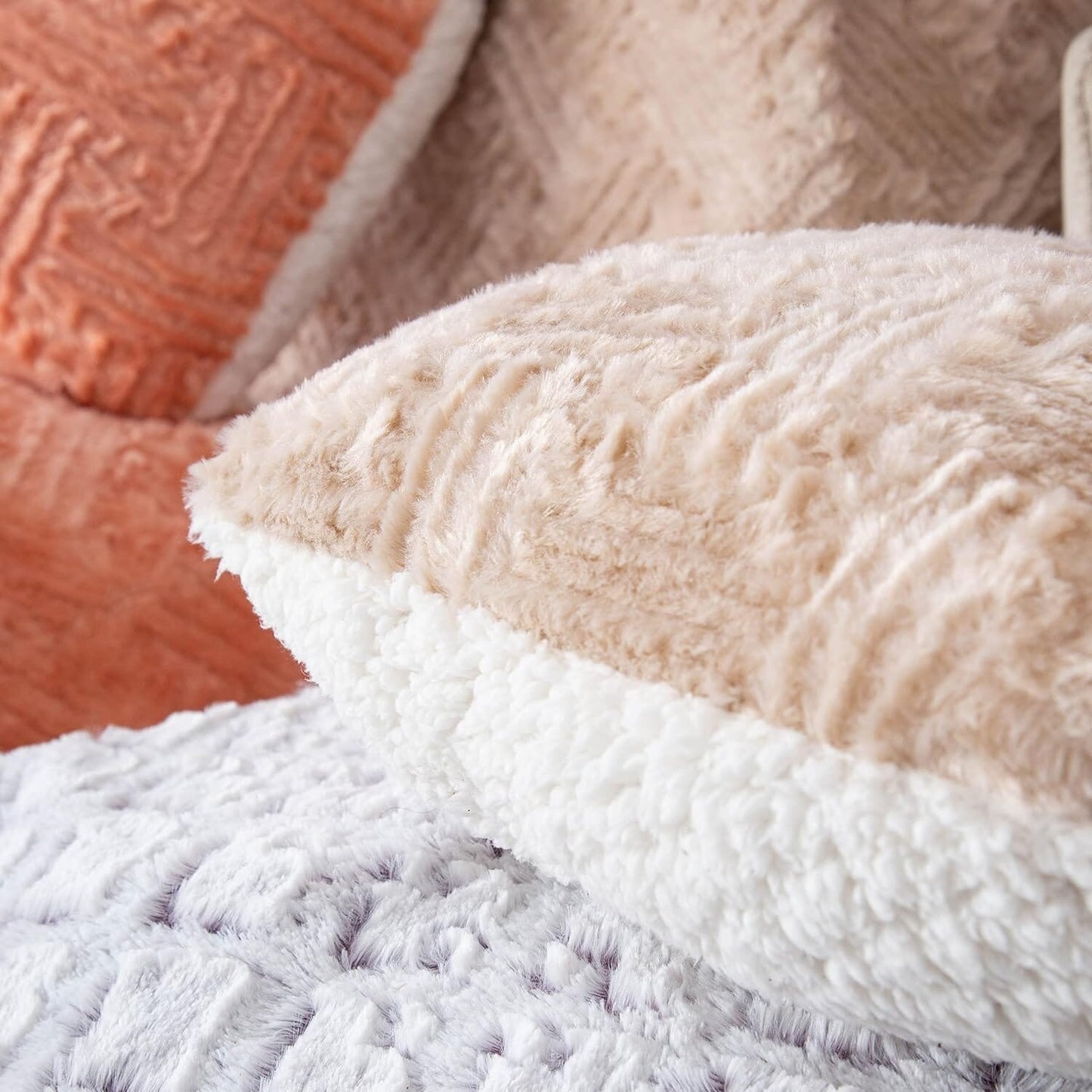 DaDa Bedding Heart Pillows Decorative Throw Pillows - Neutral Champagne Beige Heart Shaped Throw Toss Lap Fluffy Faux Fur Sherpa Pillows (16x14)- DaDalogy Bedding Collection- {{Product type}}