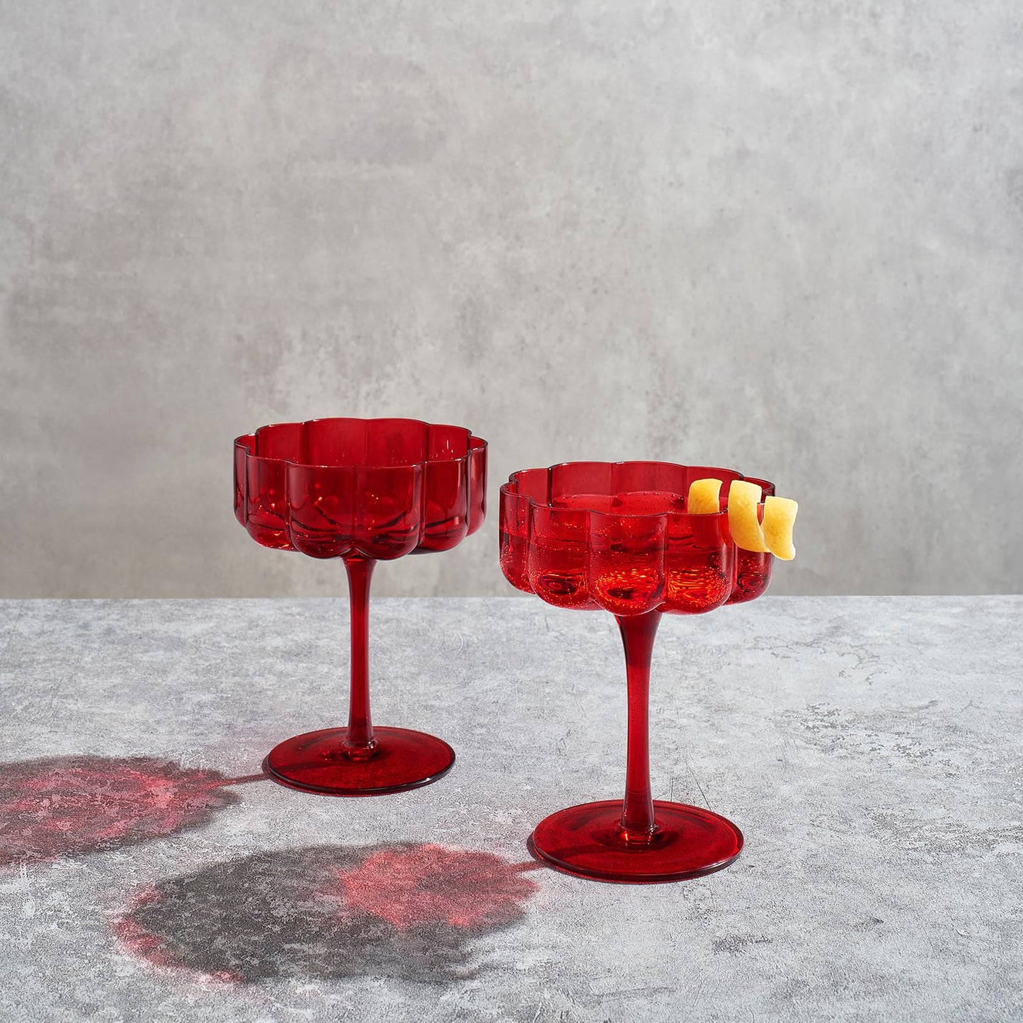 Red Flower Vintage Wavy Glass Coupes Martini Champagne & Cocktail Coupes - Set of 2 - - Wine Glasses