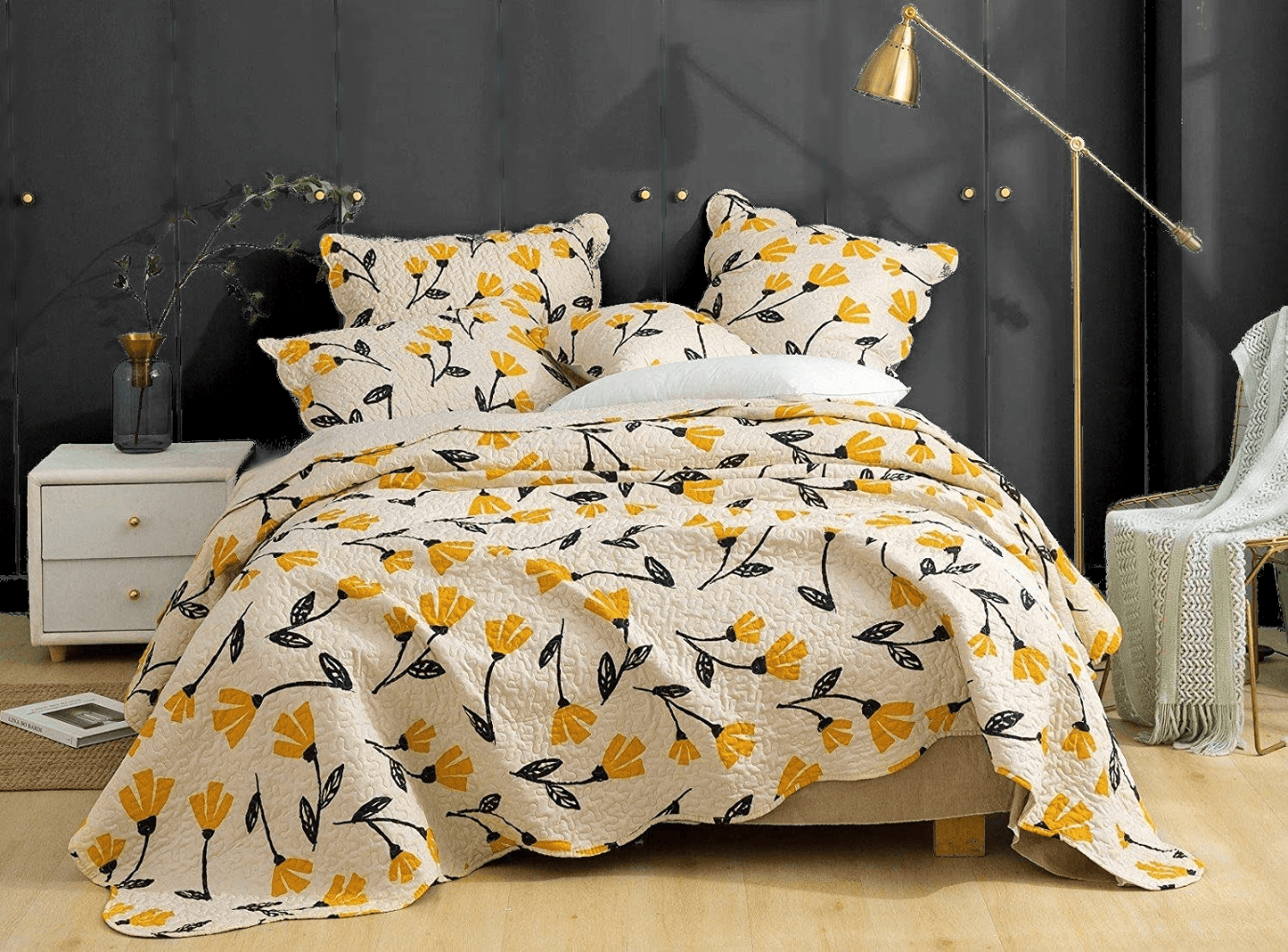 DaDa Bedding Yellow Fleur Floral Golden Orange Ivory Cream Scalloped Bedspread Set (18112)- DaDalogy Bedding Collection- {{Product type}}