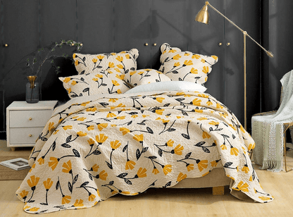 DaDa Bedding Yellow Fleur Floral Golden Orange Ivory Cream Scalloped Bedspread Set (18112)- DaDalogy Bedding Collection- {{Product type}}