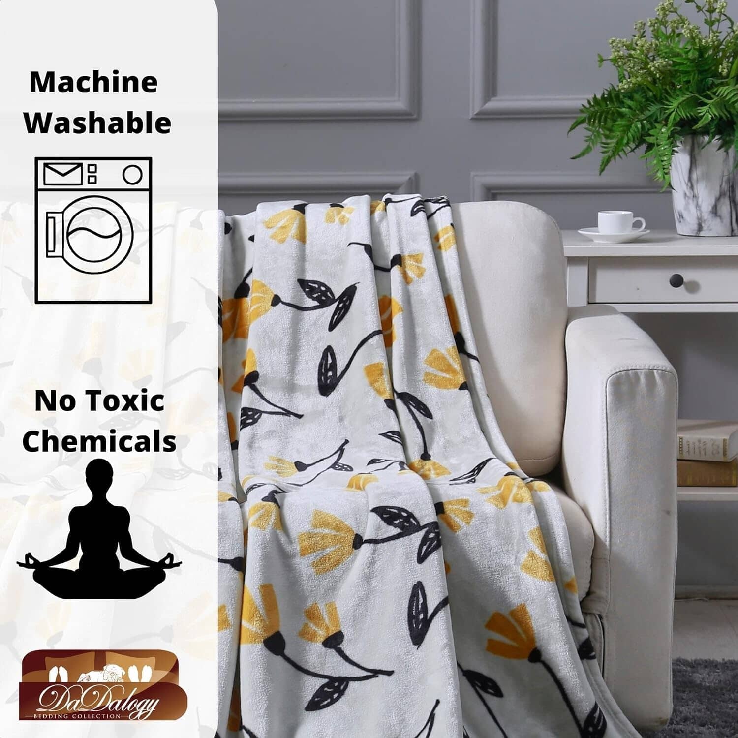 DaDa Bedding Soft Lightweight Fleece Throw Blanket, Yellow Fleur Floral Golden Orange Silver/Grey Background (XY1011) - - Throw Blankets