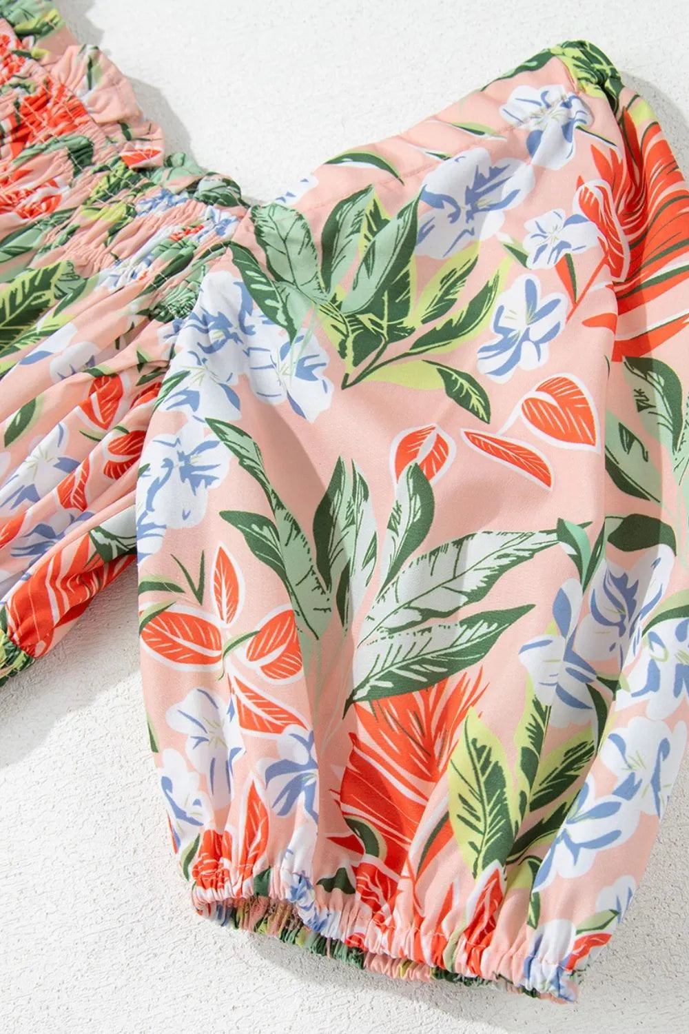 Floral Smocked Square Neck Puff Short Sleeve Midi Dress - -