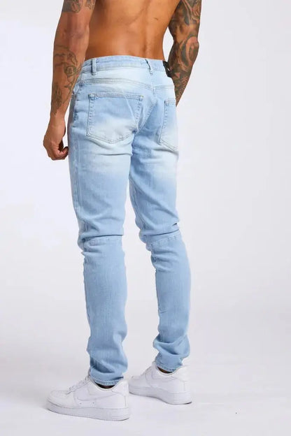 Retro Fashion Slim Fit Ripped Jeans Blue Denim Pants for Men