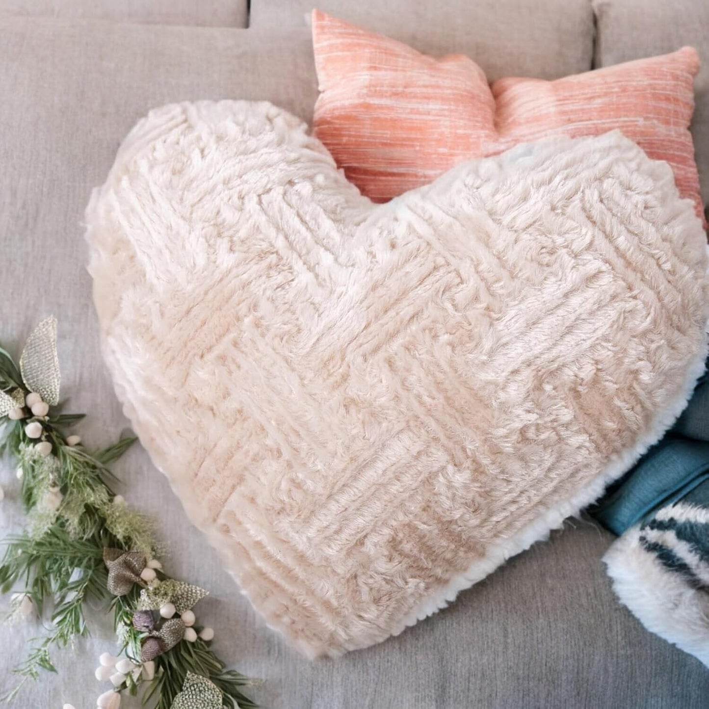 DaDa Bedding Heart Pillows Decorative Throw Pillows - Neutral Champagne Beige Heart Shaped Throw Toss Lap Fluffy Faux Fur Sherpa Pillows (16x14)- DaDalogy Bedding Collection- {{Product type}}