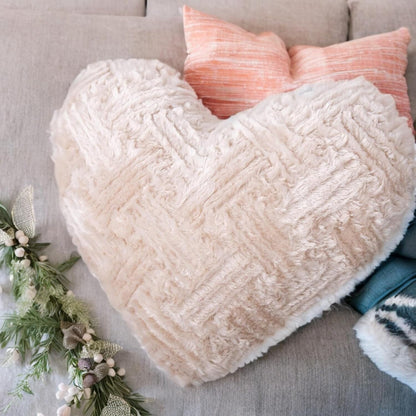 DaDa Bedding Heart Pillows Decorative Throw Pillows - Neutral Champagne Beige Heart Shaped Throw Toss Lap Fluffy Faux Fur Sherpa Pillows (16x14)- DaDalogy Bedding Collection- {{Product type}}
