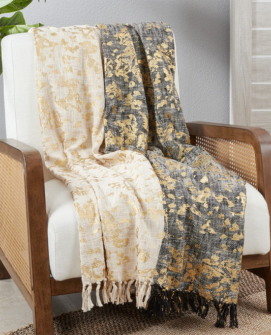 Fennco Styles Black & White Foil Print Tassel Cotton Throw Blanket - - Blanket