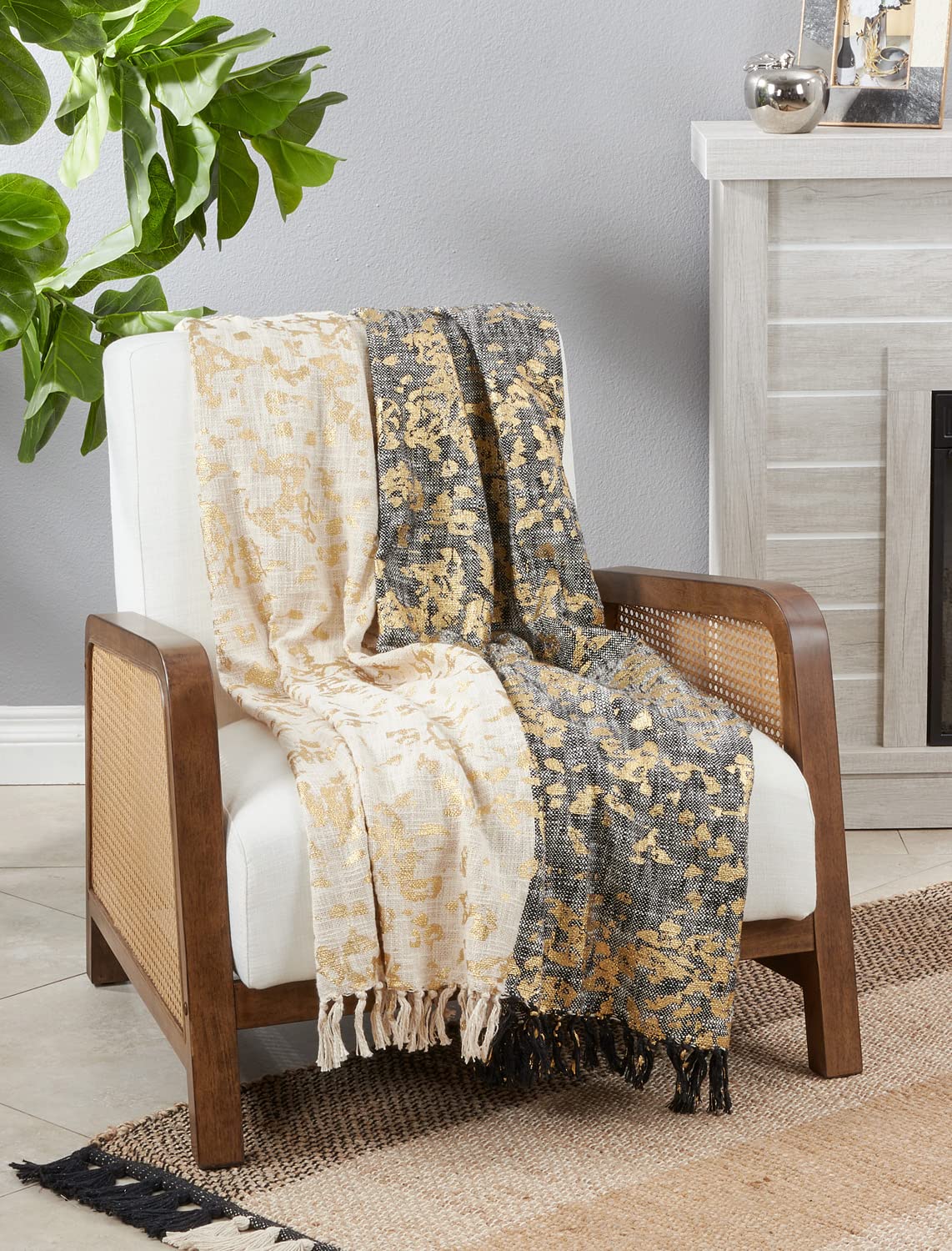 Fennco Styles Black & White Foil Print Tassel Cotton Throw Blanket 52" W x 68" L – Two-Tone Woven Textured Blanket for Bed, Couch, Sofa, Holidays, Home Décor and Office Décor- Fennco Lifestyle- {{Product type}}