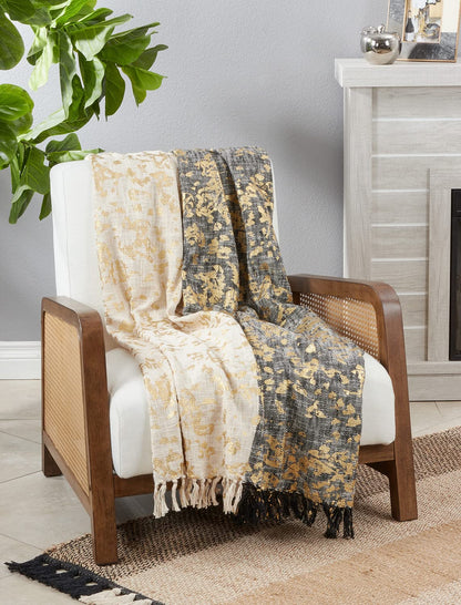 Fennco Styles Black & White Foil Print Tassel Cotton Throw Blanket 52" W x 68" L – Two-Tone Woven Textured Blanket for Bed, Couch, Sofa, Holidays, Home Décor and Office Décor- Fennco Lifestyle- {{Product type}}