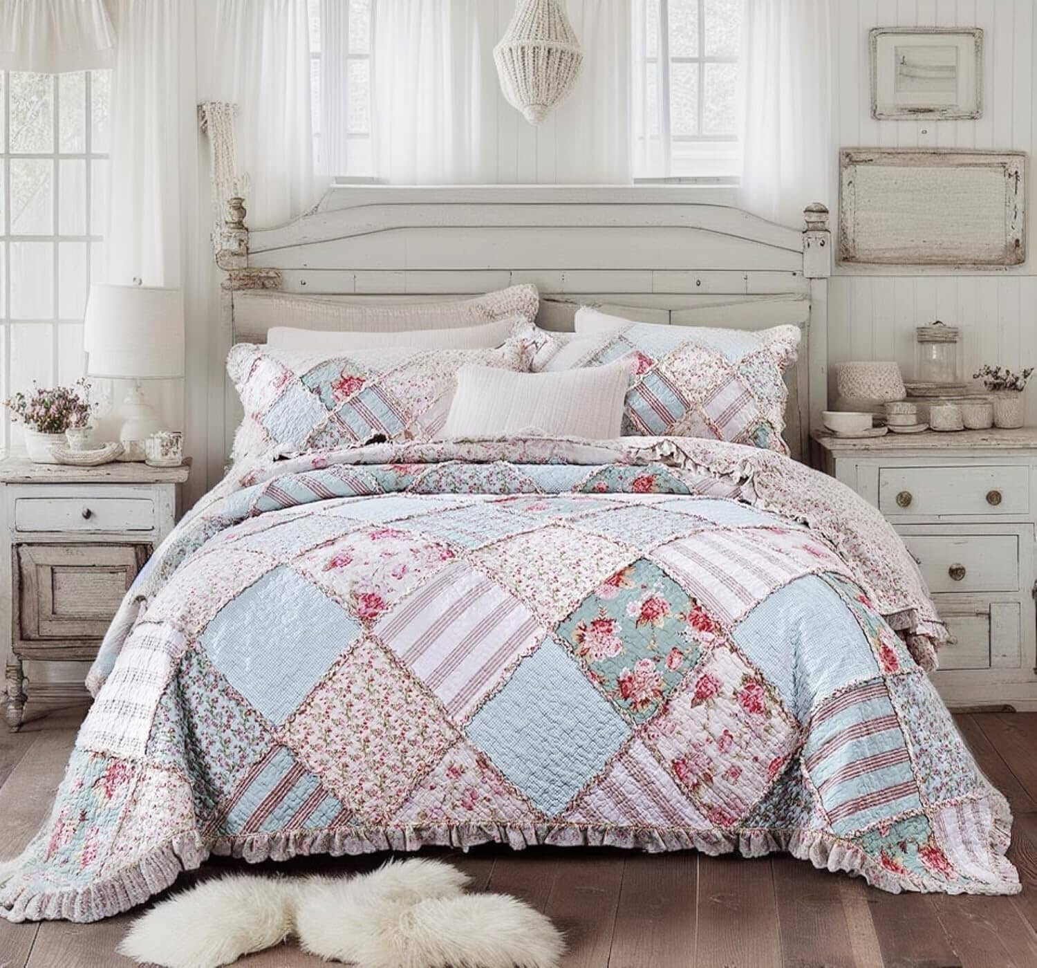 DaDa Bedding Hint of Mint Floral Pastel Cotton Patchwork Ruffle Bedspread Set (JHW-3036)- DaDalogy Bedding Collection- {{Product type}}
