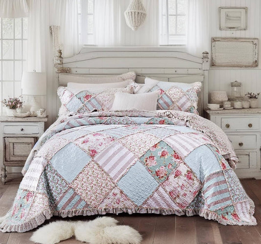 DaDa Bedding Hint of Mint Floral Pastel Cotton Patchwork Ruffle Bedspread Set - - Bedspreads