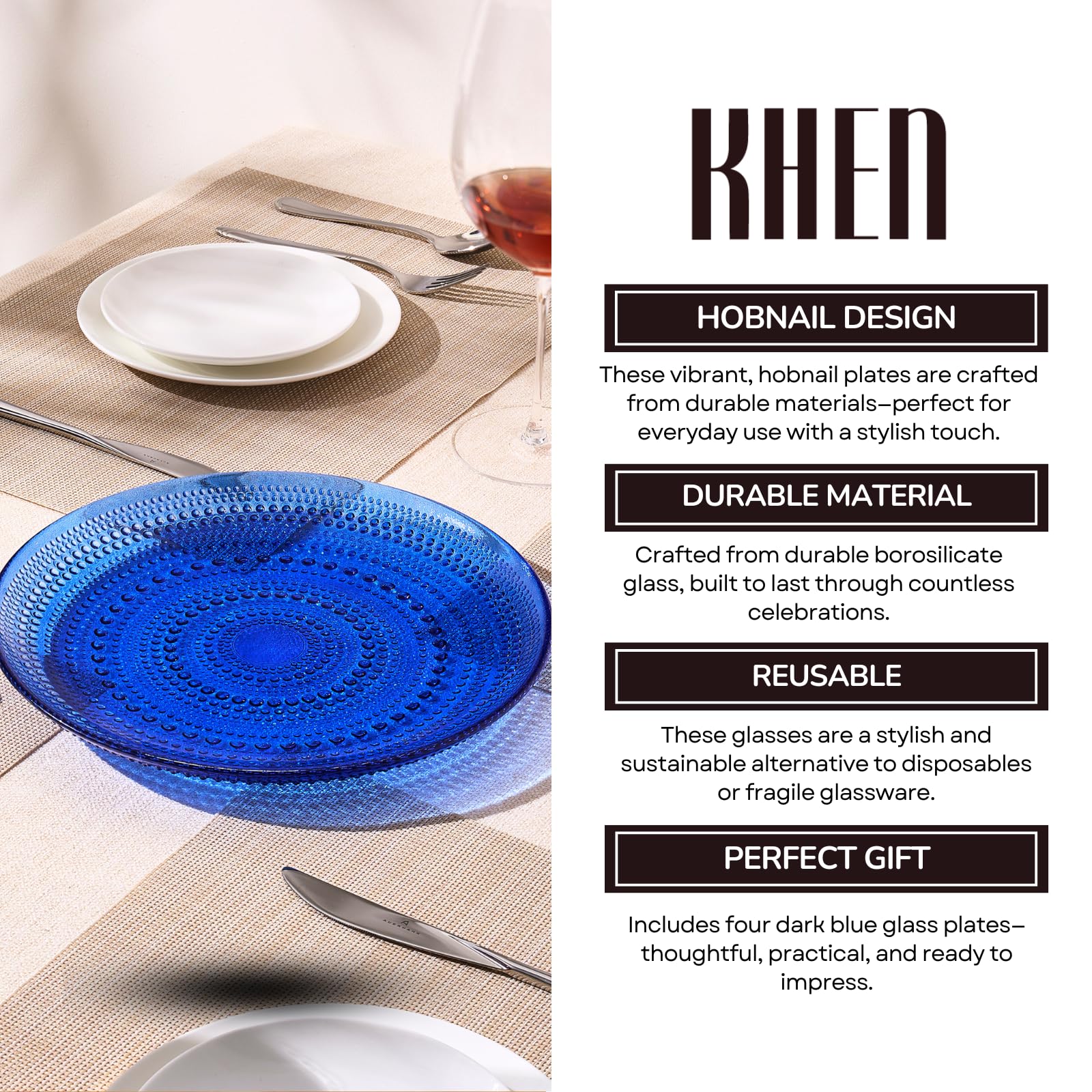 Glass Hobnail Dinner or Charger Plates | Set of 4 | Dark Blue - -